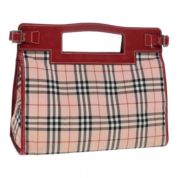 BURBERRY Nova Check Blue Label Hand Bag Nylon Leather Red Pink Silver Auth 90265 - Picture 1 of 16
